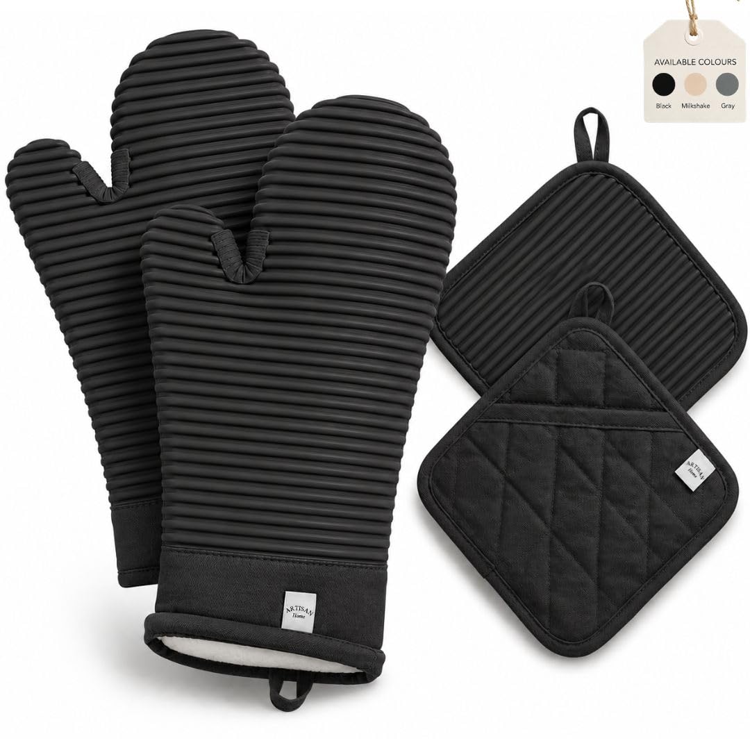 Gants de cuisine en silicone anti-brûlure avec maniques de cuisson noires