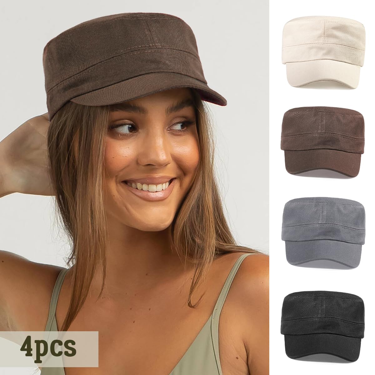 Glamorstar Unisex Cadet Army Hats 4 Pieces Military Flat Top Newsboy Cap Black+Grey+Brown+Beige