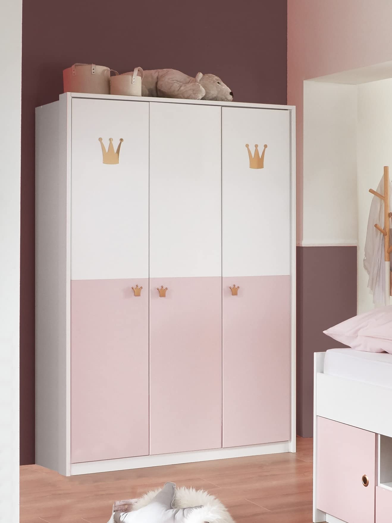 möbelando Kleiderschrank CINDY2 139x199x58 cm Weiss ABSETZUNGEN Rose