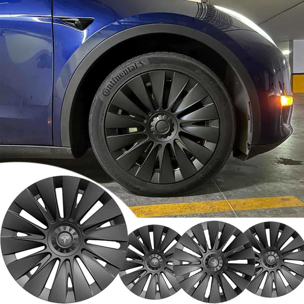 4Pcs Wheel Cover Hubcaps Fit for 2021-2024 Tesla Model Y, 19" Hurricane Style Matte Black Full Edge Protection Gemini Wheel Rims Hubcaps Replacement Wheel Hub Cap Kit for Model Y(R-TYS01)
