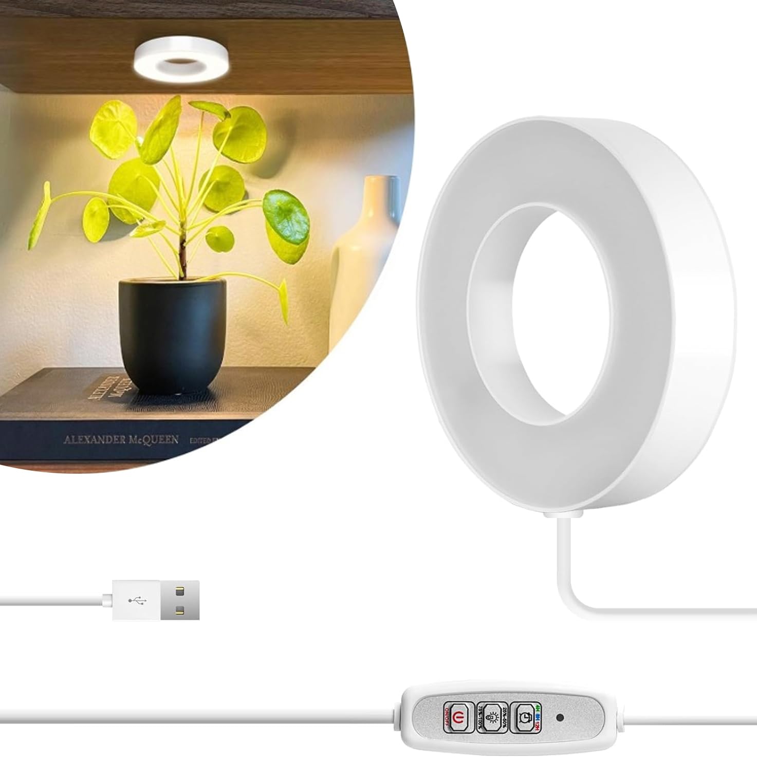 Ceiling Grow Light for Indoor Plants, 48 LEDs Full Spectrum LED Halo Plant Light, 5V Safe Voltage Growing Lamp with 4/8/12H Auto Switch, 4 Dimmable Brightness Levels, Ideal for Small Plants