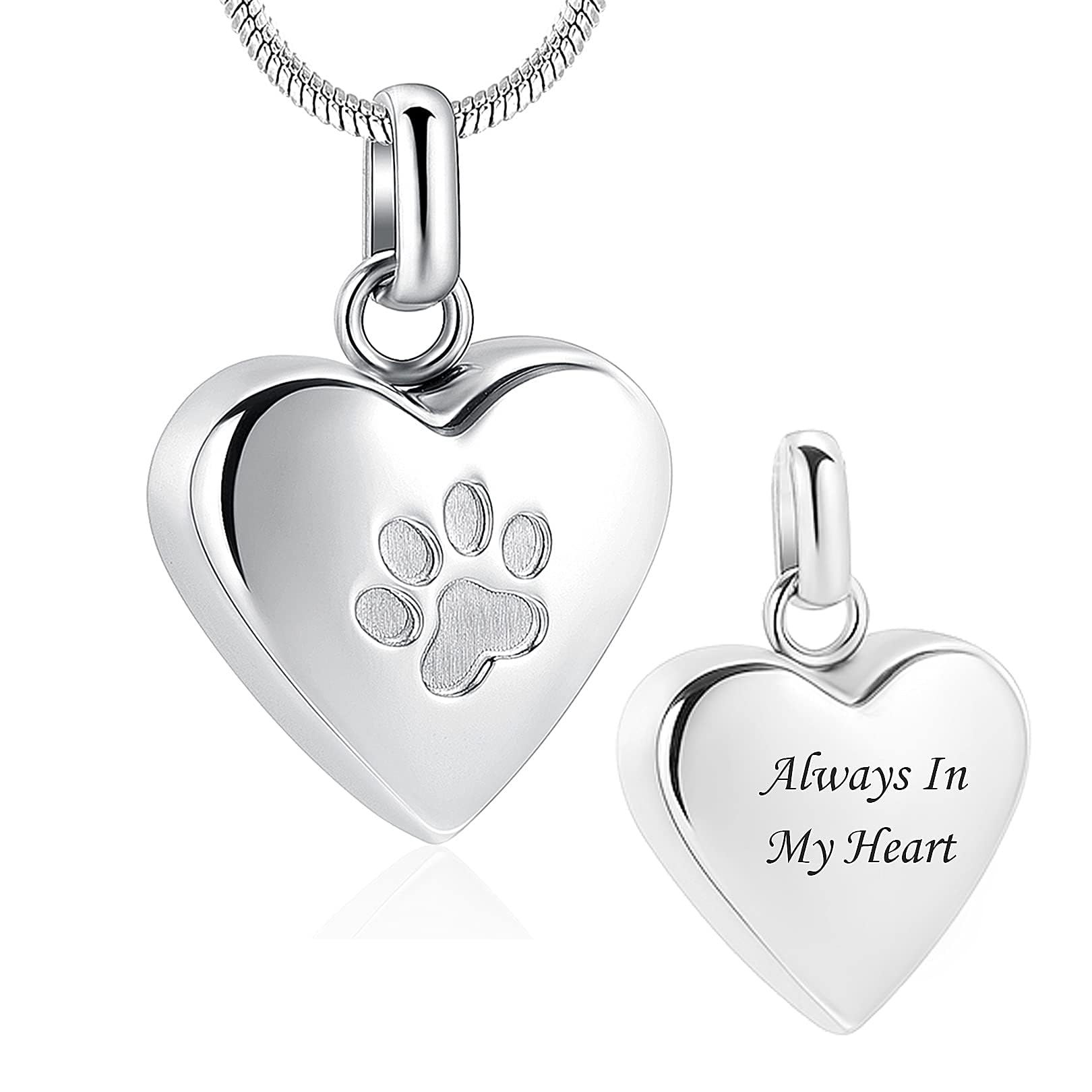 Pet Cremation Jewelry, Paw Print & Heart Urn Pendant Necklace Memorial Keepsake for Dog's & Cat's Ashes