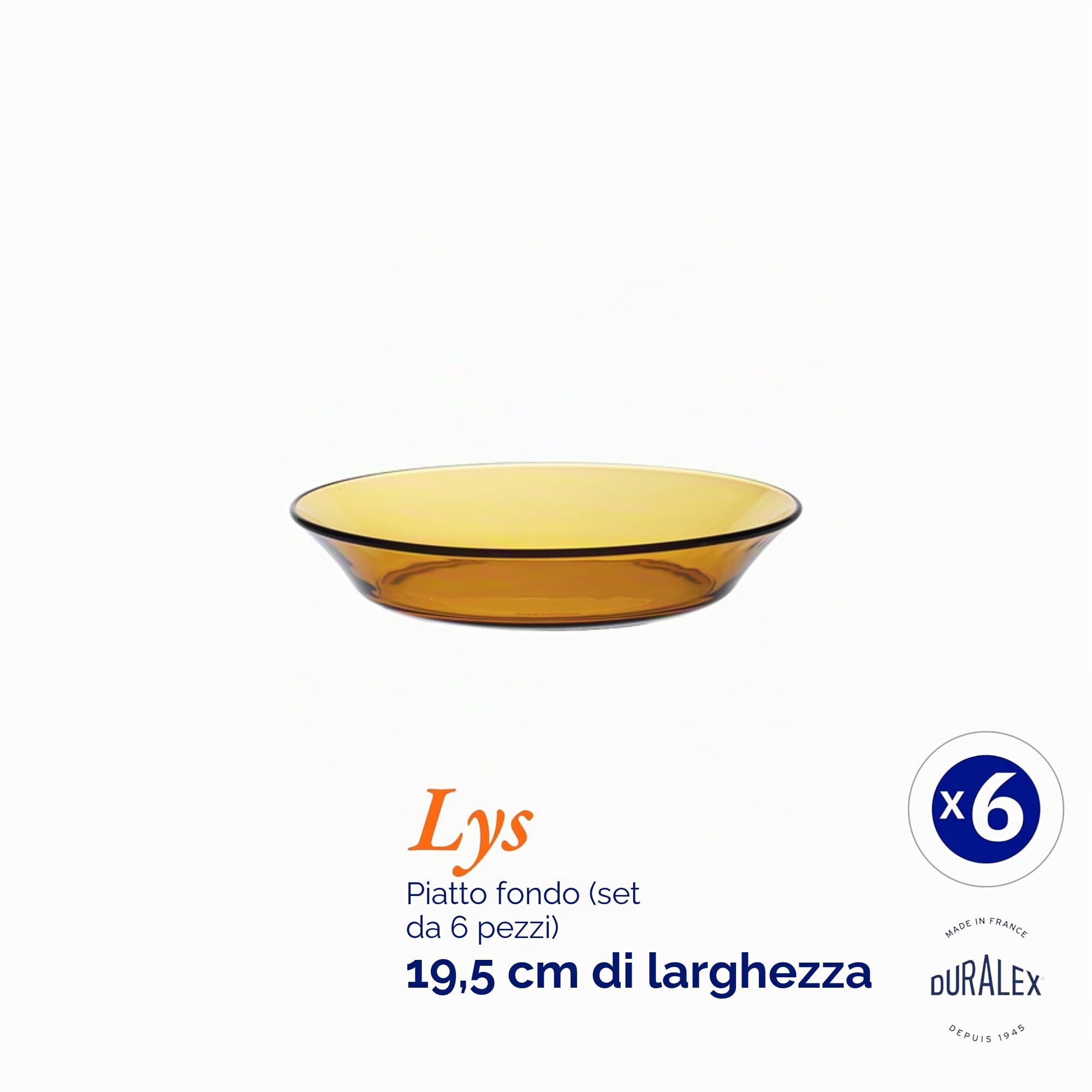 Duralex 3007DF06 Set di 6 Piatti Fondi in Vetro Vermeil, 19,5 cm