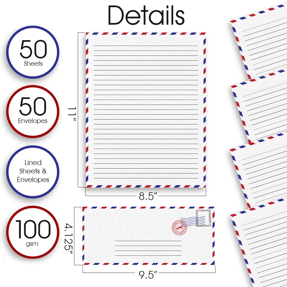 ArtCreativity 100 Pieces Vintage Stationery Paper and Envelopes Set - 50 Double Sided Airmail Sheets and 50 Envelopes - Pen Pal Stationery Letters and Envelopes with Air Mail Design - Image 2