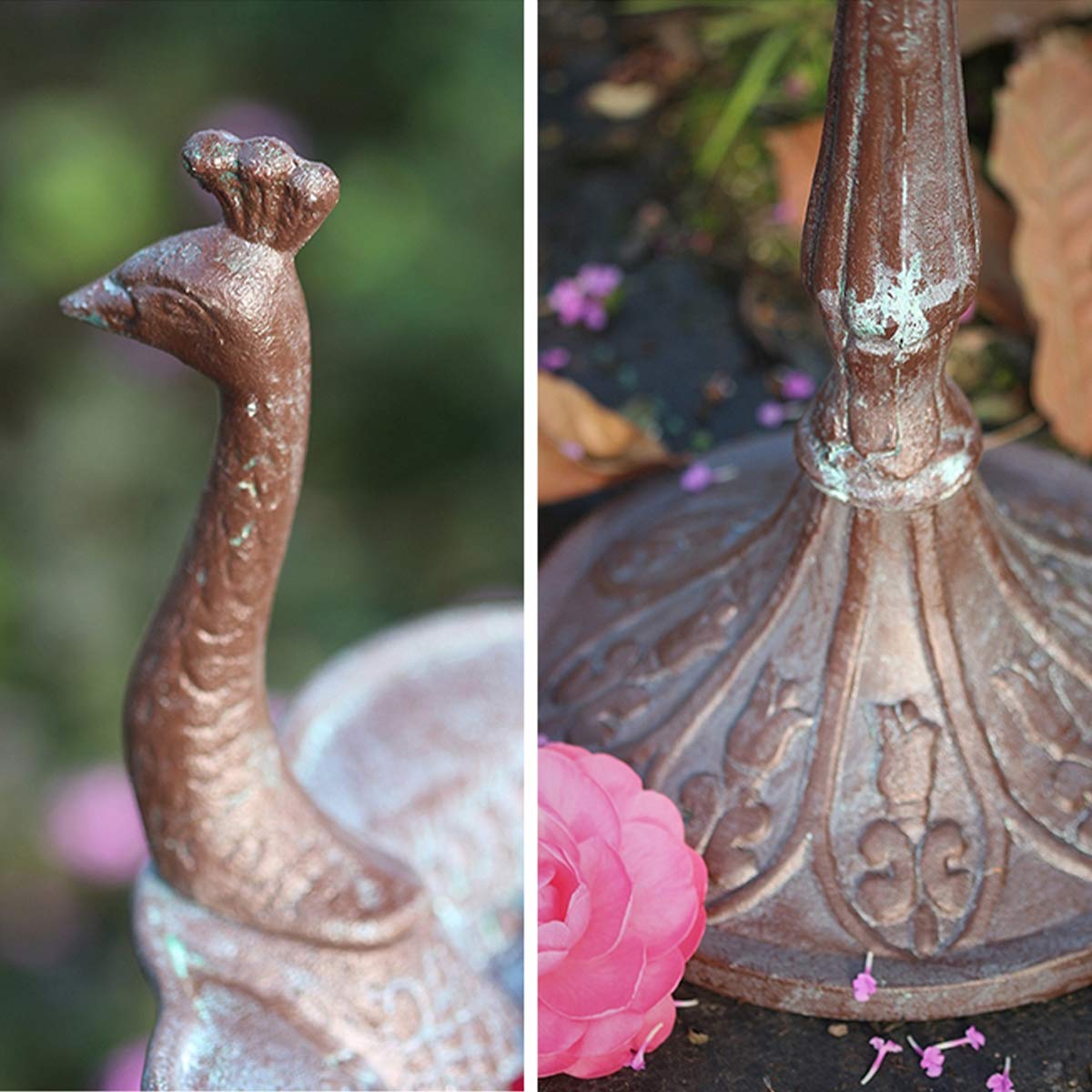 TentHome - Comedero y Bebedero para Pájaros en Forma de Pavo Real, Hierro Fundido, para Baño de Pájaros, Jardín Exterior, Marrón Envejecido