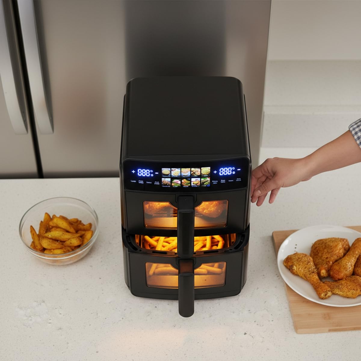 PRIXTON Friteuse à air verticale 10 L avec Double Panier 5 L + 5 L, 2600 W, Air fryer sans huile avec 2 Paniers indépendants, écran LED tactile, 10 Programmes, 80–200 °C, Fenêtre et éclairage