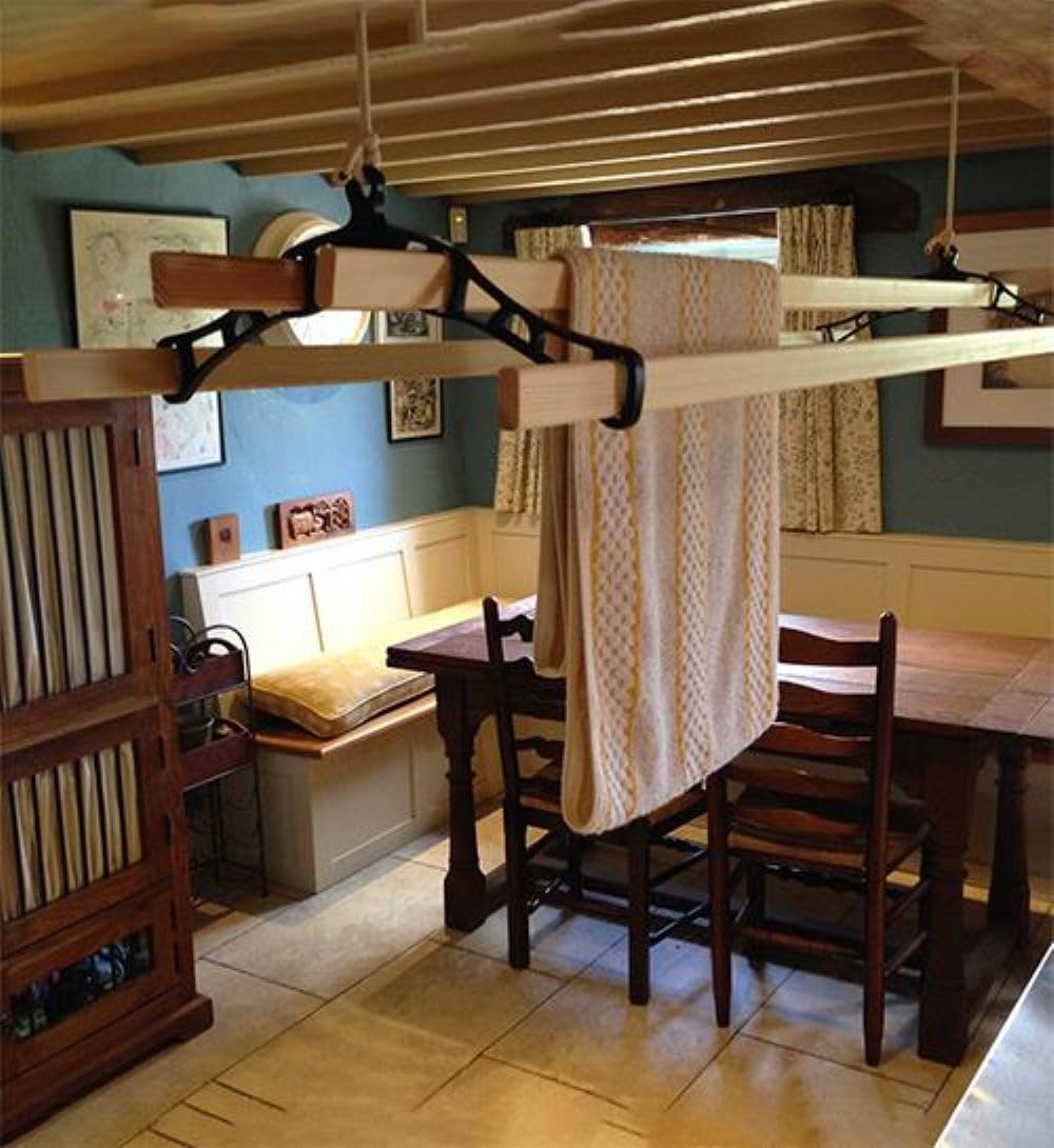REMI TOOLS Traditional Kitchen Airer Pulley Dryer Kit with 4 Wood Laths Slats 1.5M Victorian Edwardian Clothes Horse Creel Airer Dryer Kitchen Rack Ceiling Pulley Laundry Drier (Black, 4 slats)