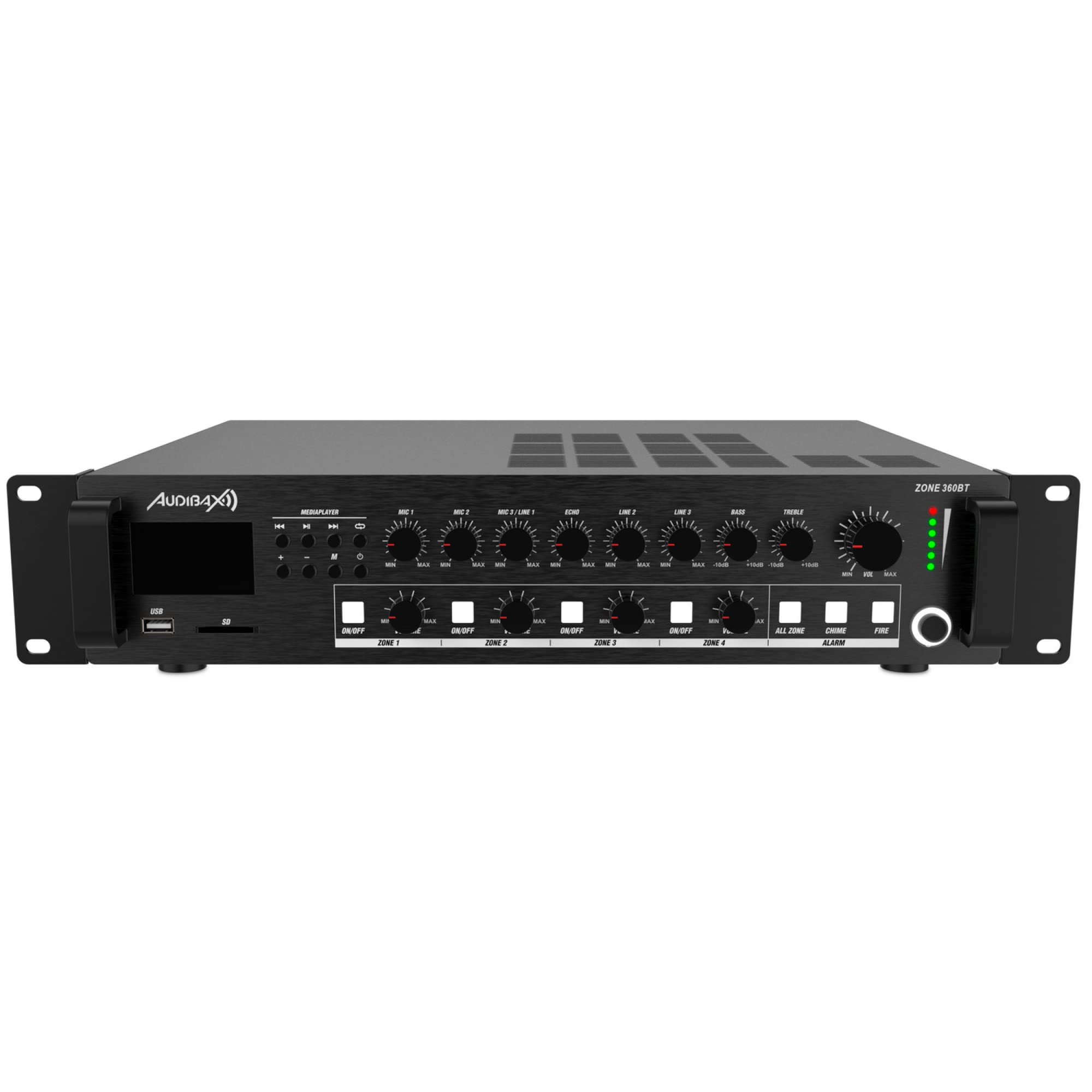 Audibax Zone 360BT - Amplificatore Audio per Più Zone - Potenza in Uscita 360W - Ingressi Cavo Multipli - Mixer Audio con Connessione Bluetooth, USB e SD - Alimentazione Phantom