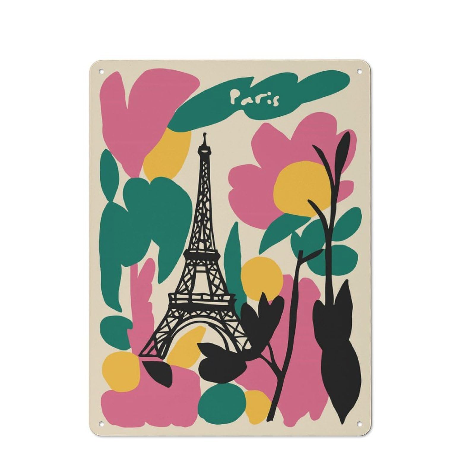 Junmoney Style-1 Garage Style Metal Wall Sign 40X30cm Featuring Paris Eiffel Tower Floral Art, Shed Wall Plaque For Tool Room, Garage, Studio Or Home Bar