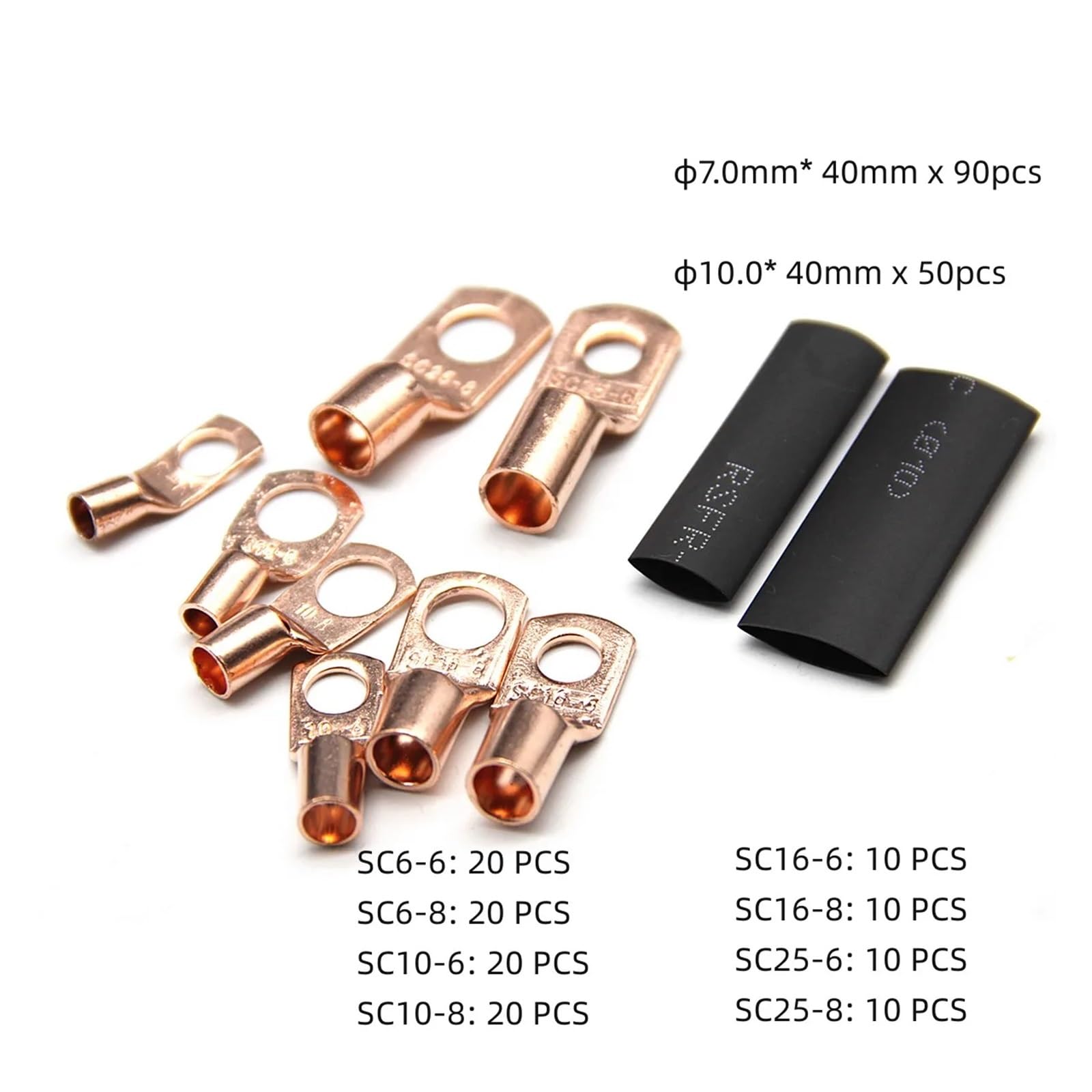 260 piezas SC anillo de cobre desnudo empalme Terminal de engarzado conector de cable Kit surtido de Tubos termorretráctiles