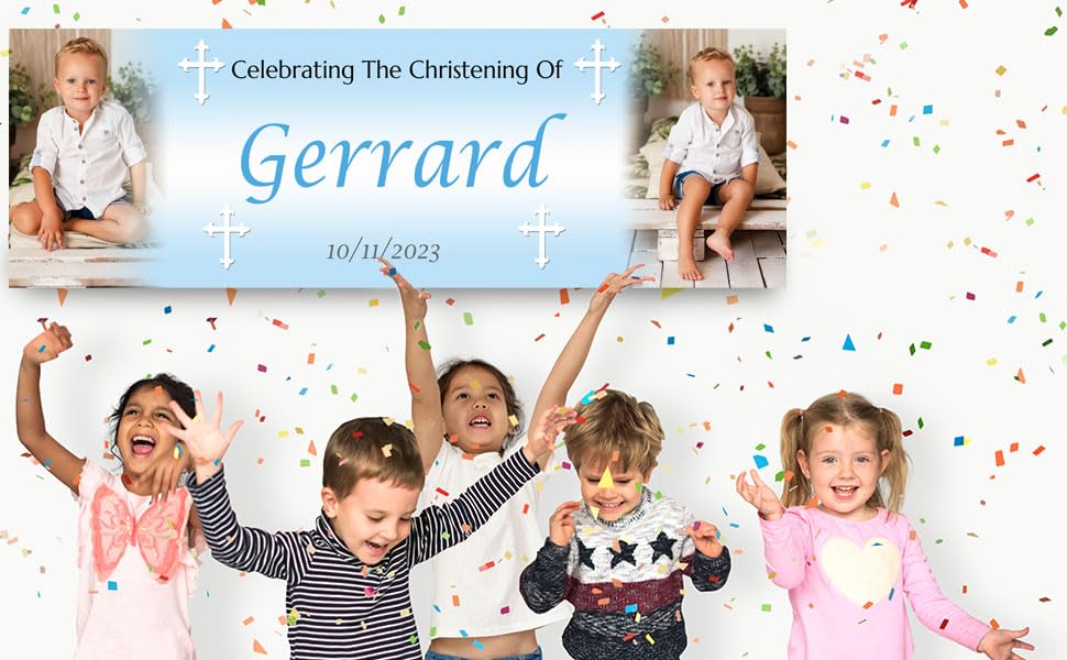 2 Personalised Christening Banner Baptism Naming Day Photo Baby Party Poster decoration, Blue, Indoor Small-2pcs - Image 3