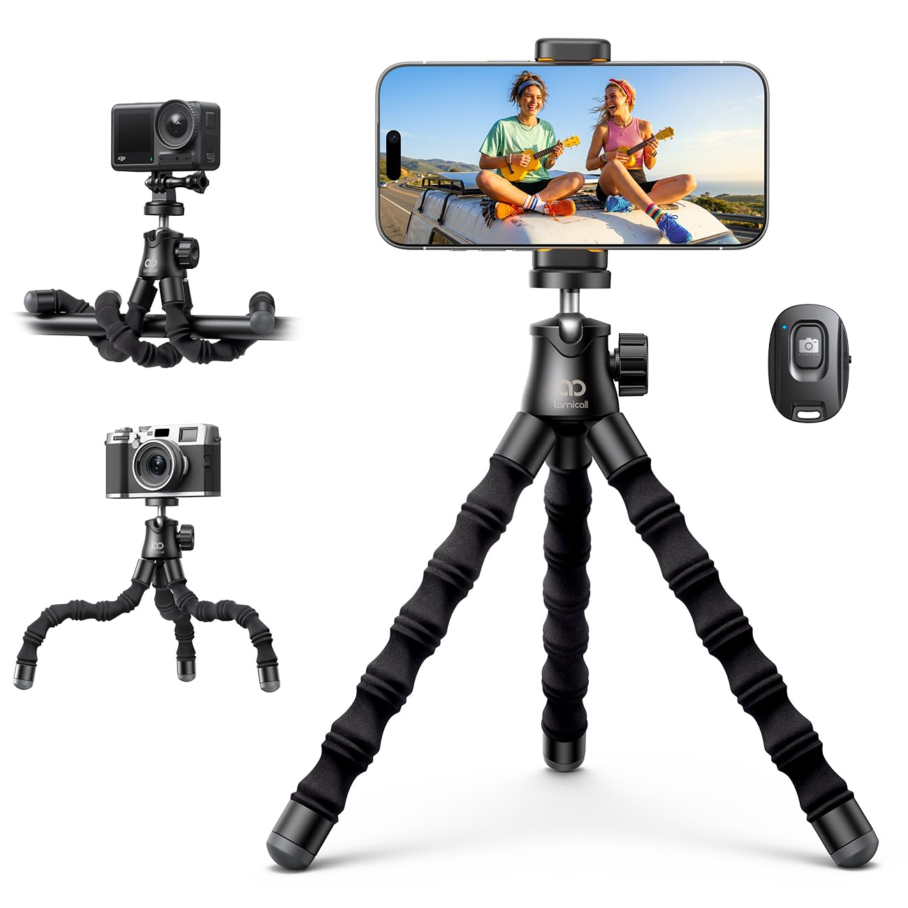 Lamicall Tripod for iPhone with Wireless Remote for iPhone Gopro Camera | Ultra-Stable, Mini Flexible Phone Stand for Recording with 1/4'' Screw, Cold Shoe for Pocket 3/4 fit Travel Content Creation