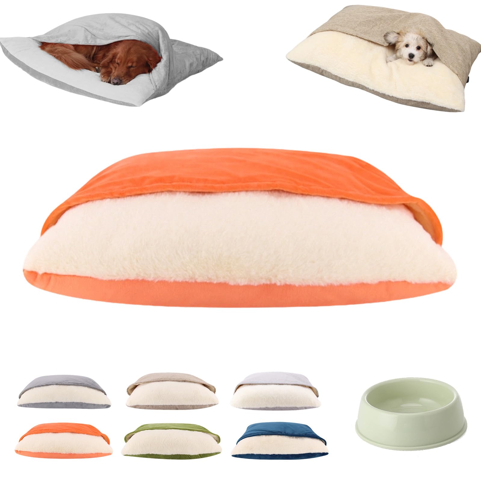 Snoozie Snuggle Burrow Bed, Snuggleburrow Calming Dog Cave Beds with Ultra-Soft Built-in Cover, Soft Plush Square Hooded Mats, Pet Sleeping Removable Washable Pad Bags for Pets (Orange, L)