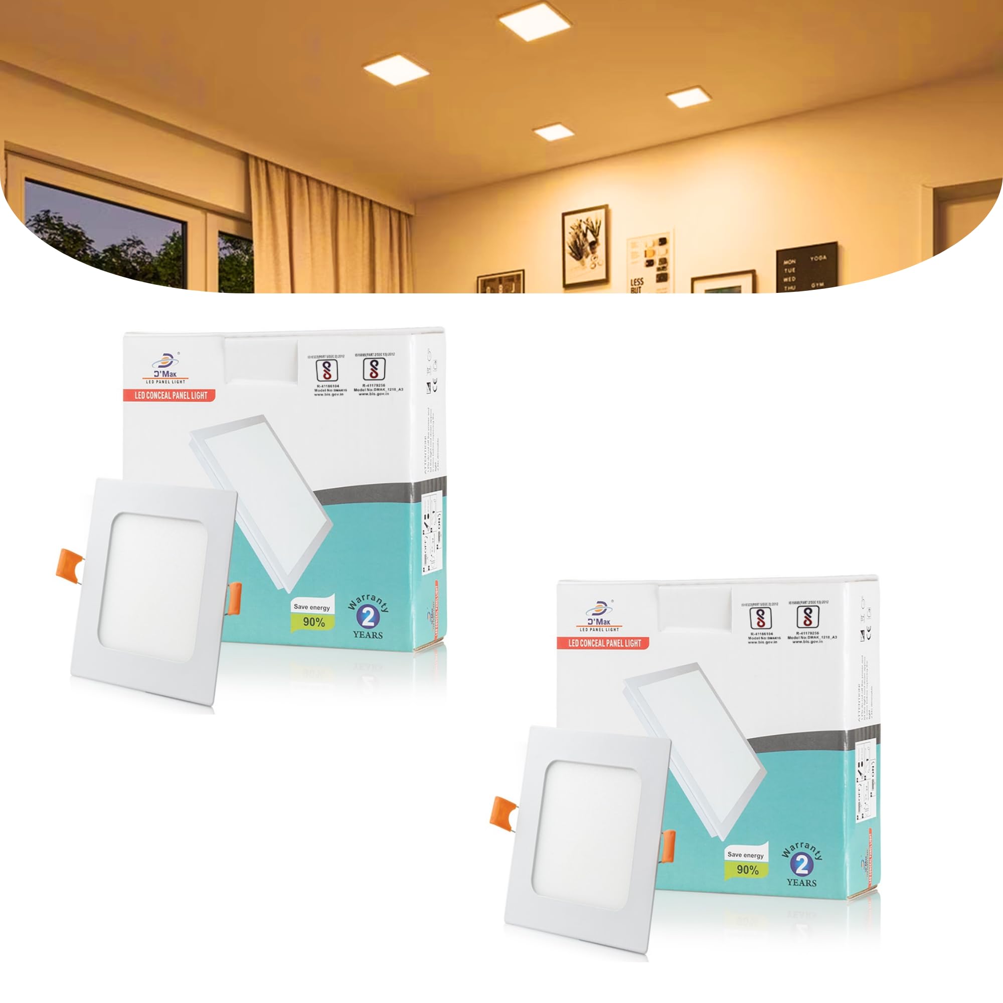D'Mak 12 Watt Square Led Conceal Panel Light for False Ceiling & POP - Warm White, Pack of 2-image-45