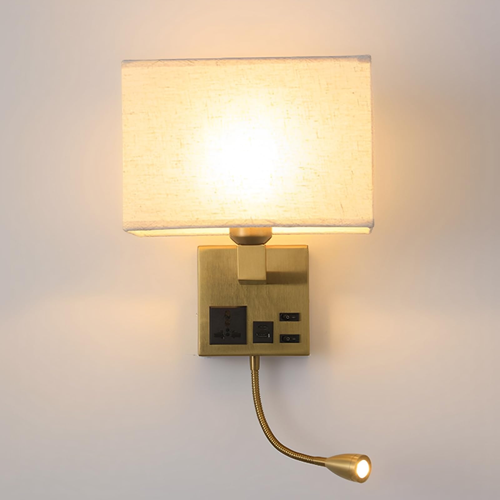 TCHAUSGZUS Hardwired Wall Light Fixture with Adjustable LED Spotlight and USB Charging Port for Bedroom, Bathroom, and Study Room(Gold+Beige)