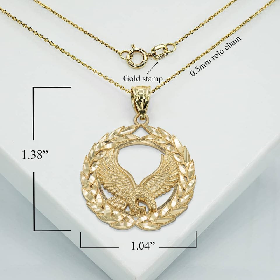 10K or 14K Yellow Gold 1.30" Patriotic USA American Eagle with Olive Wreath Peace Round Pendant Necklace - Choice of Chain Length