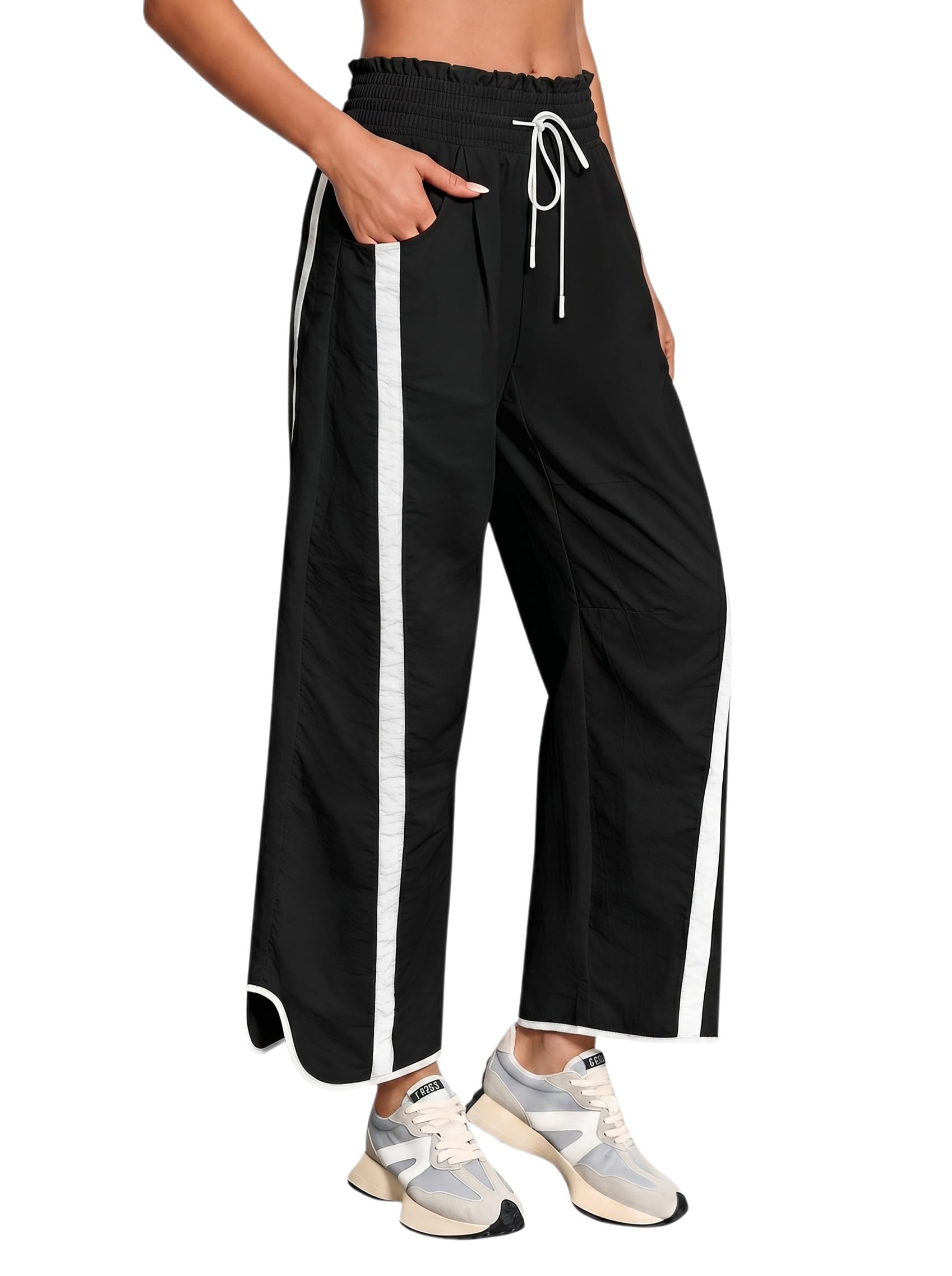 Fisoew Pantaloni da donna con gamba larga e vita elastica Baggy Y2K con coulisse, colori a contrasto, per il tempo libero, con tasche