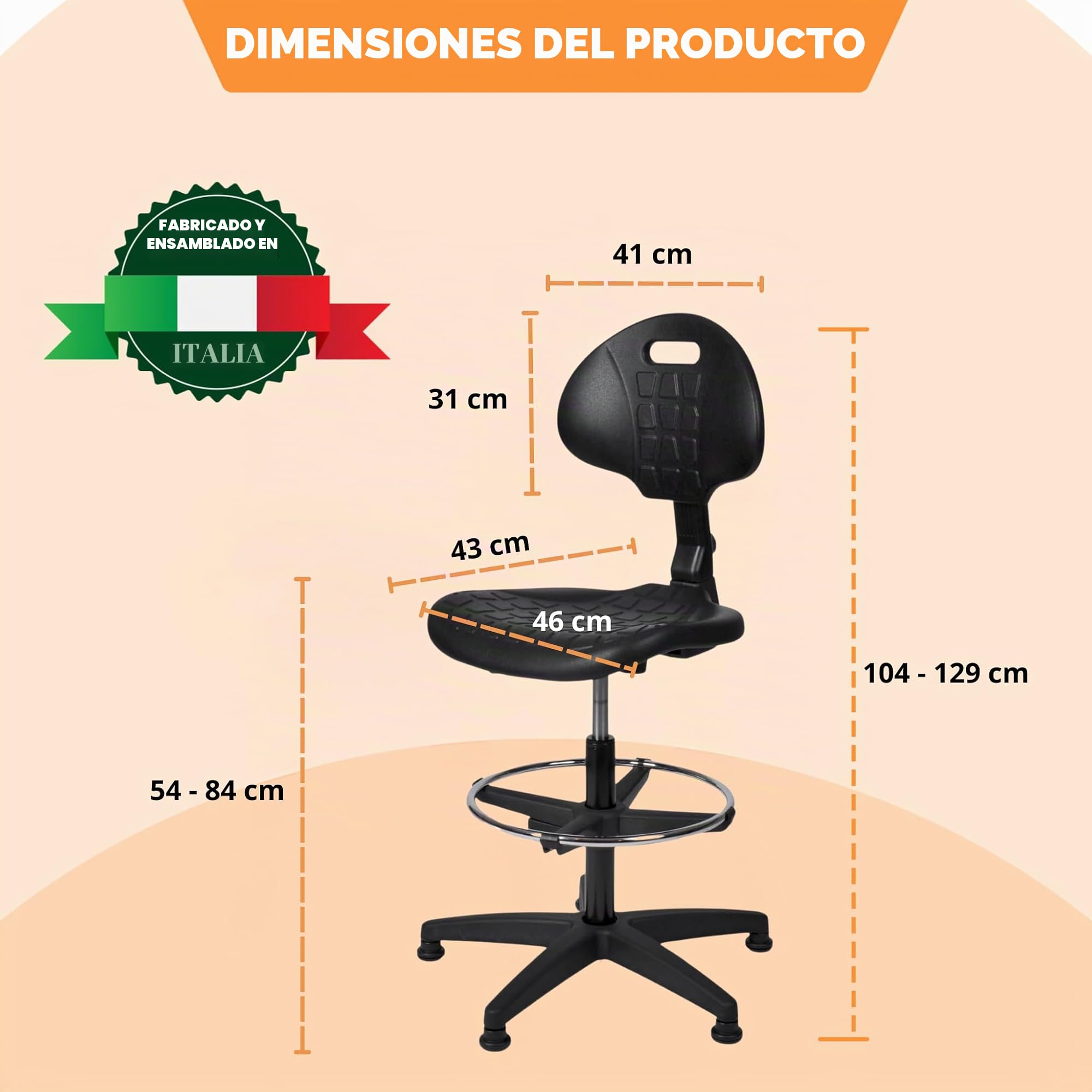 Topsit Silla de trabajo de poliuretano IND000112, silla de trabajo ergonómica, silla de laboratorio, altura regulable y fácil de limpiar, base estable con pie de metal y pies.