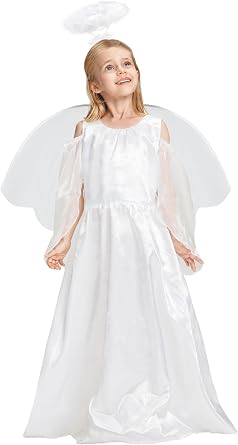 IKALI Kids Girls White Angel Costume with Wings Halo Heavenly Angel Fancy Dress Outfit for Christmas 4-12 Years