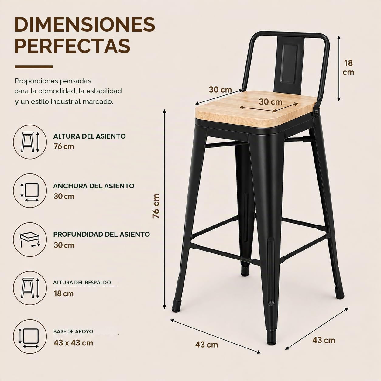 Kosmi - Juego de 4 sillas de Bar, taburetes Grandes de Estilo Industrial con Respaldo pequeño de Metal Negro Mate y Asiento de Madera Natural Clara, Altura del Asiento 76cm