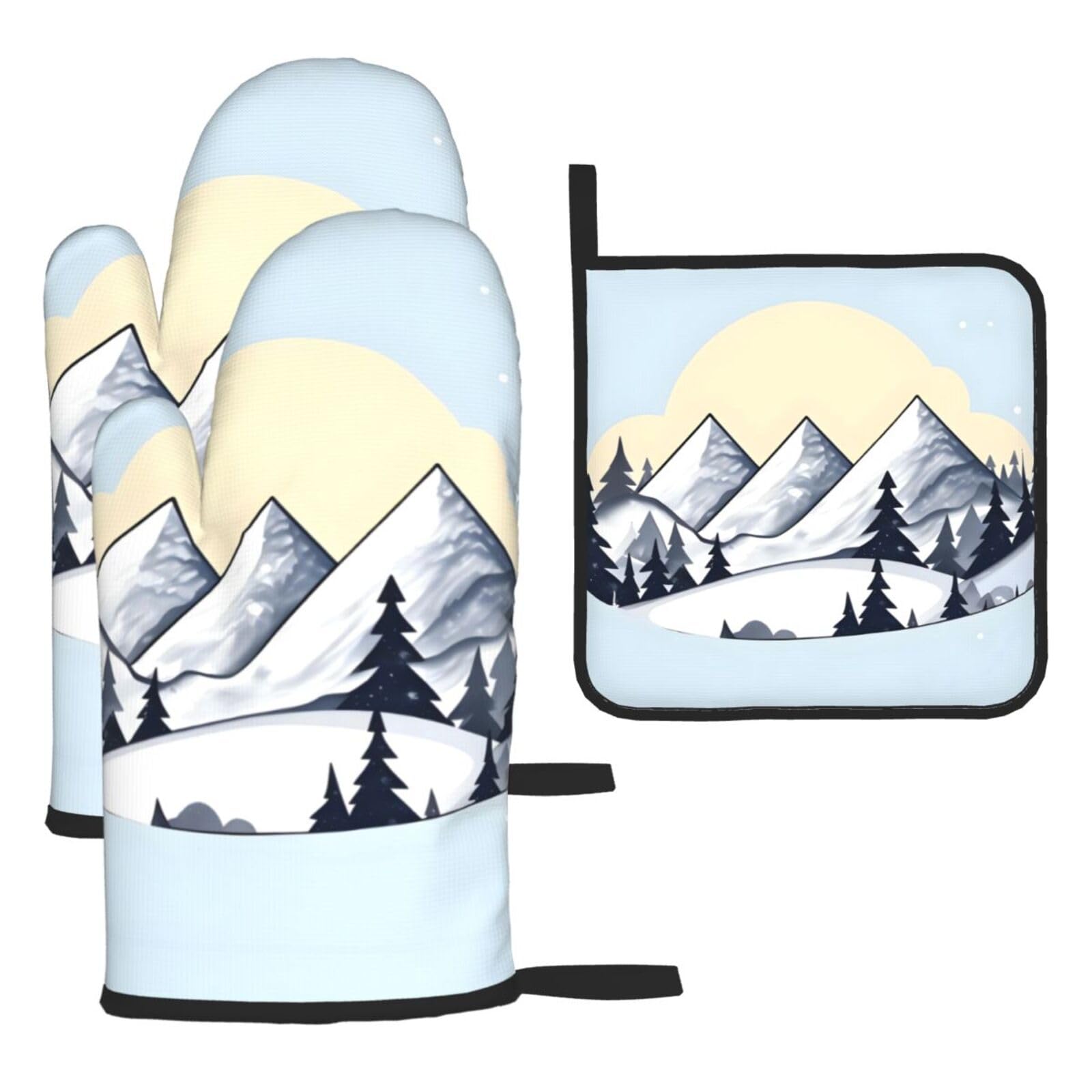 White Snowy Mountains Oven mittens and oven mitts three-piece set suitable for oven, grilling, baking, microwave and home cooking.