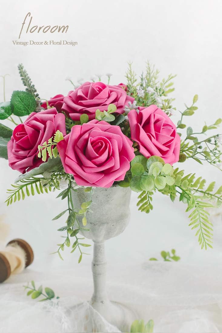 Floroom Artificial Flowers 25pcs Real Looking Hot Pink Foam Fake Roses with Stems for DIY Wedding Bouquets Bridal Shower Centerpieces Floral Arrangements Party Tables Home Decorations image 5
