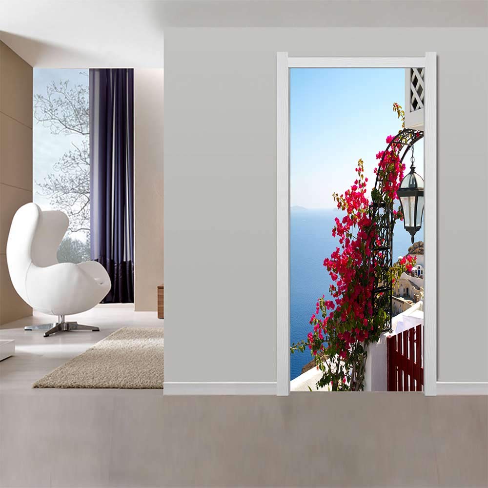 Sticker de porte château fleuri 88x200cm papier peint imperméable pour intérieur