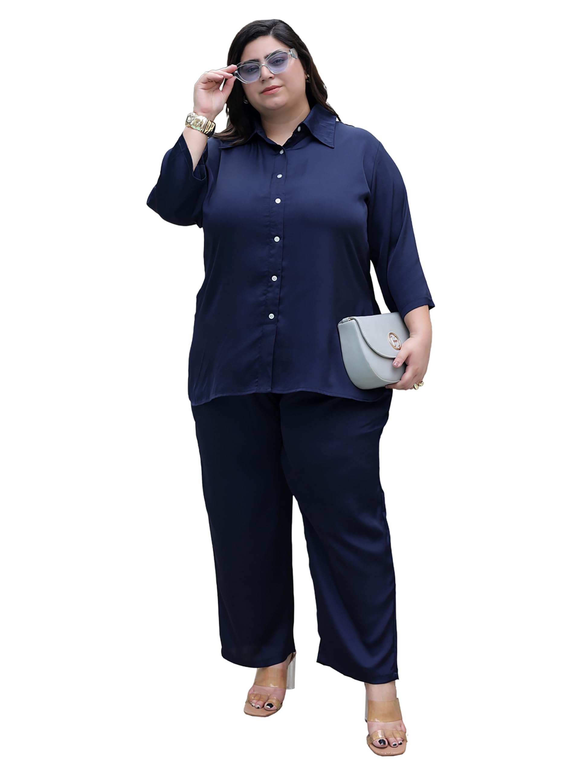 Satin Co-Ord Set for Women | Collared Up-Down Shirt with Full Sleeves & Straight Fit Trousers | Casual & Office Wear Outfit | Available Sizes - L, XL, XXL, 3XL, 4XL, 5XL-picture-22