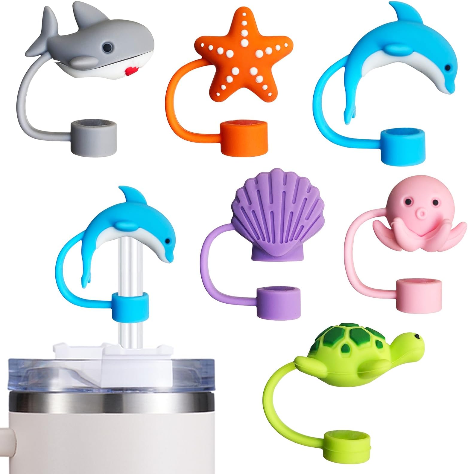 6PCS Straw Cover Cap for Stanley Cup, Silicone Sea Animal Straw Topper for Stanley 30&40 Oz Tumbler with Handle, 10mm 0.4in Dust-Proof Reusable Straws Tips Lids. (Color 4)