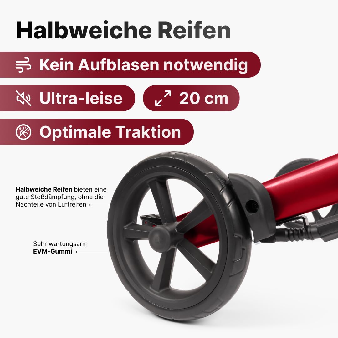 Brava Rollator – Leicht, stabil & 3-fach faltbar – Mit integriertem Bremssystem, Sitz, Rückenlehne, Tasche, Stockhalter & semi-soft Rädern – nur 6,8 kg – Gehhilfe für Senioren - Rubinrot