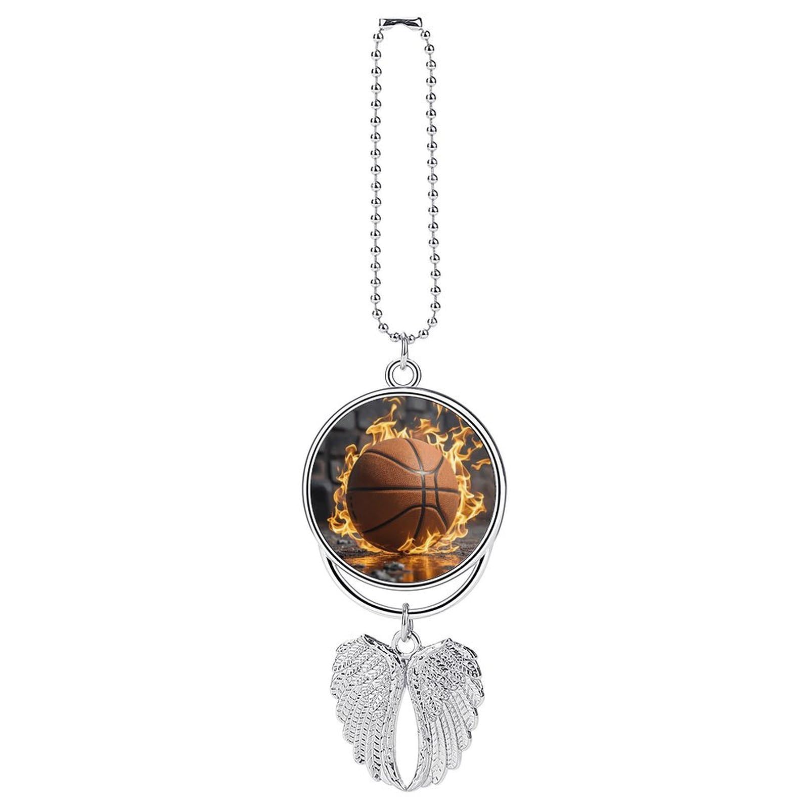 Basketball in Fire Car Pendant Car Rearview Mirror Pendant Custom Photo Car Hanging Ornament Car Rear View Mirror Hanging Accessories Angel Wing Car Charm Gift for Men Women