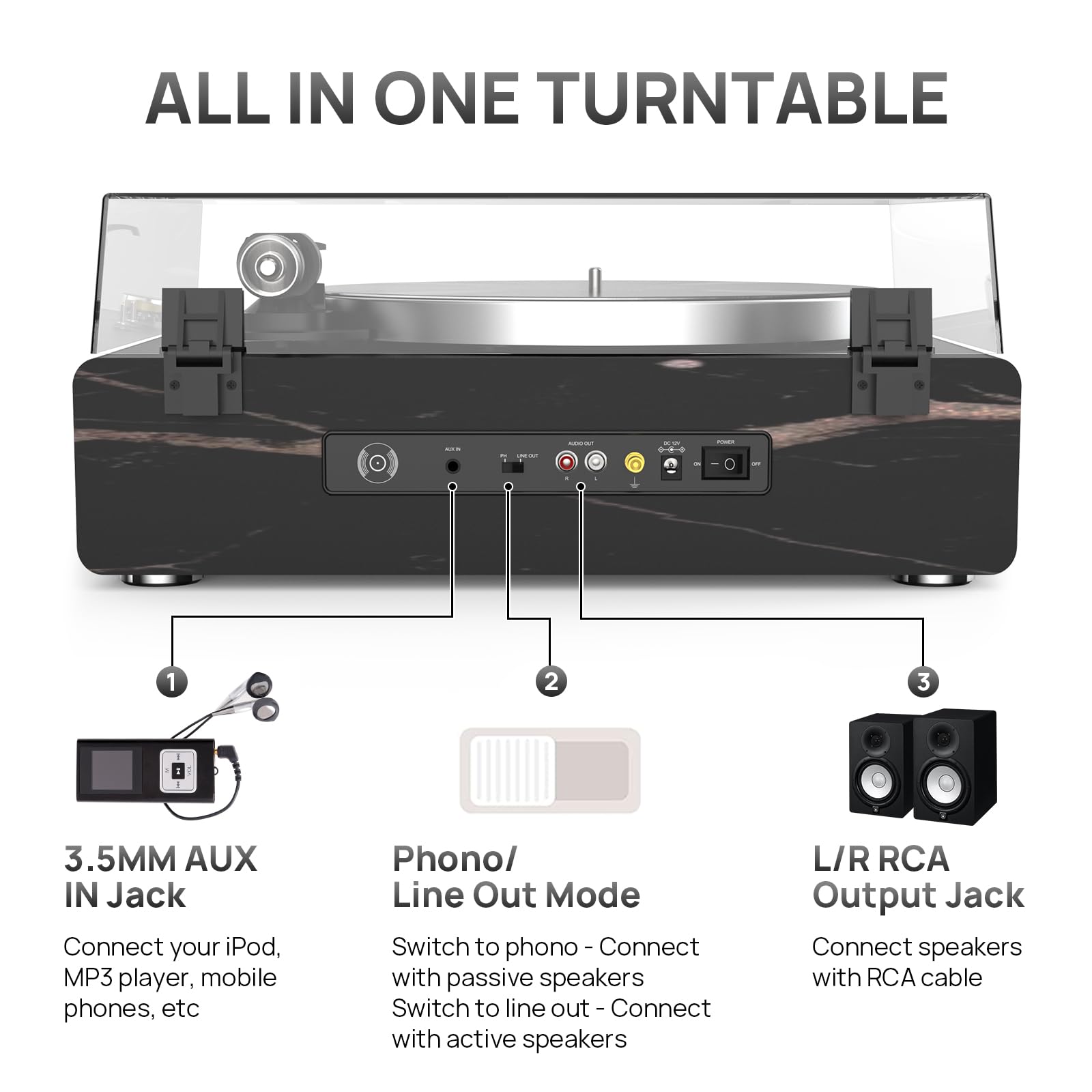 Giradischi con Altoparlanti Incorporati, Giradischi Vinile Bluetooth 2 Velocità 33/45 RPM e Auto-Off/Aux-In/RCA