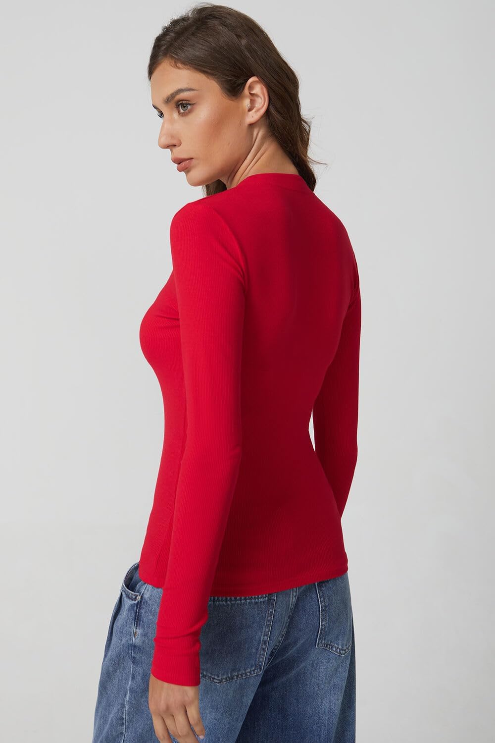 QINSEN Long Sleeve Shirts for Women V Neck Half Zipper Ribbed Knit Going Out Tops Full Length Basic Tee - Image 2