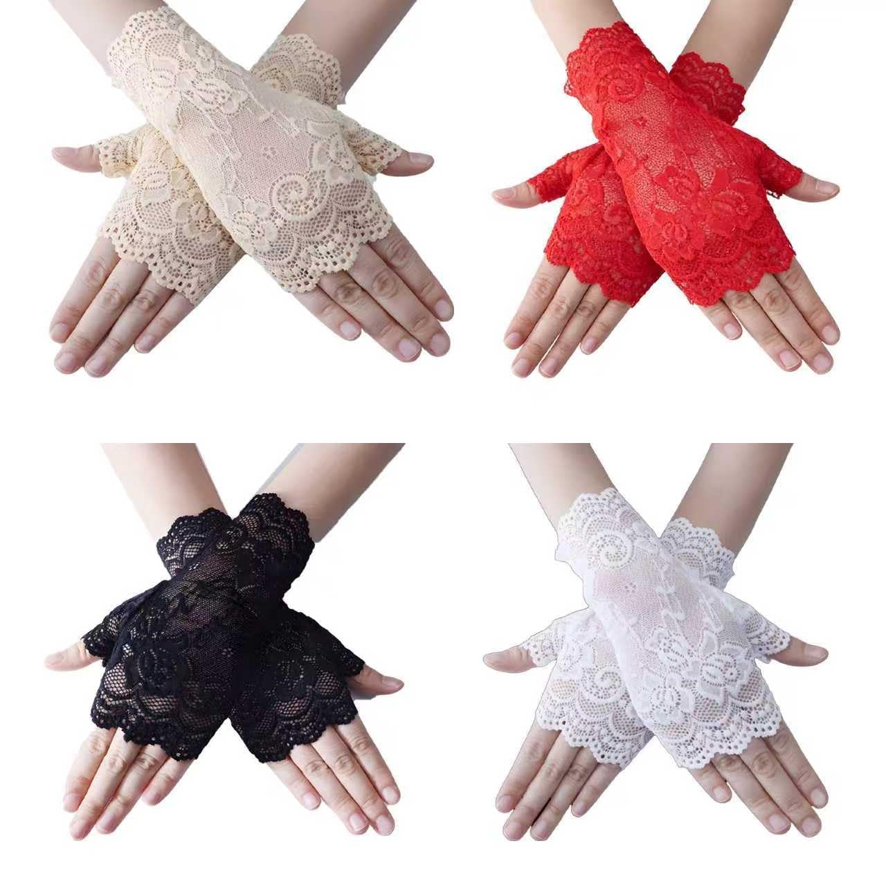 TOUKBEAU 4 Pairs Lace Gloves for Women, Fingerless Elegant Floral Gloves Set in Black, Red, Nude & White, for Halloween Costume, Wedding, Prom, Party, Cosplay, Burlesque and Vintage Theme Outfit
