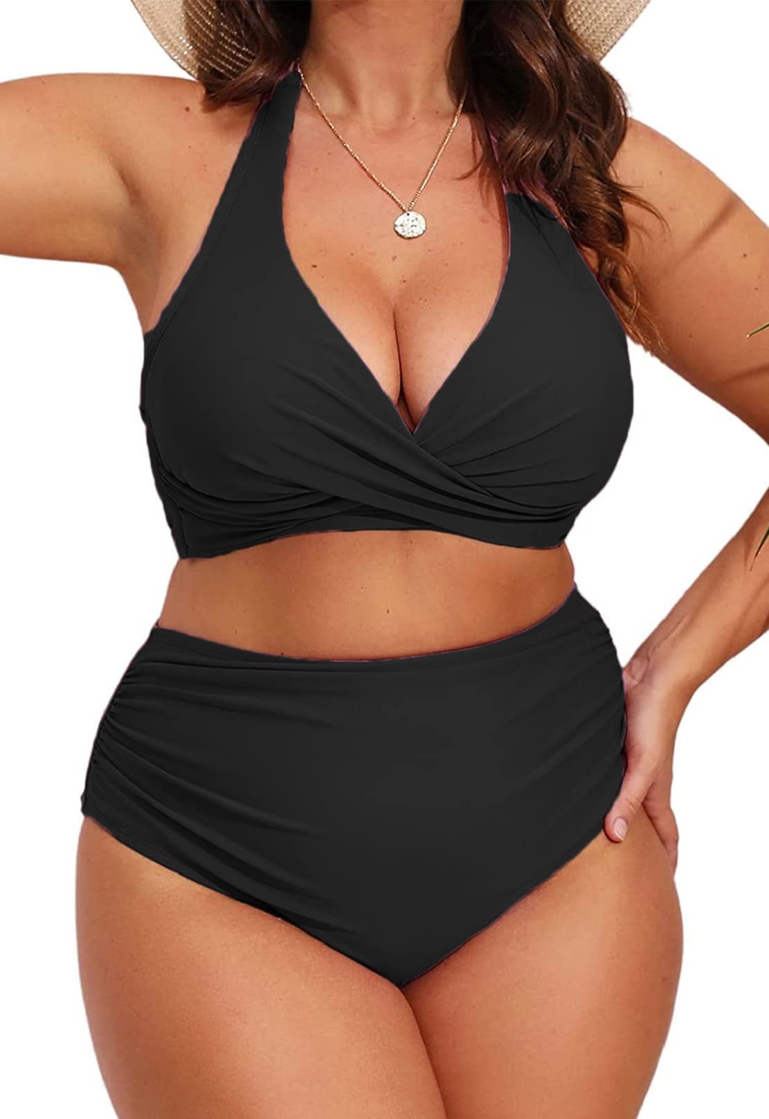 Yutdeng Mujer Bikini Talla Grande Braga Alta Bikini Push Up con Relleno Halter Cuello V Vientre Plano Pliegues Bañadores Mujer Tallas Grandes Natacion Playa Trajes de Baño Dos Piezas