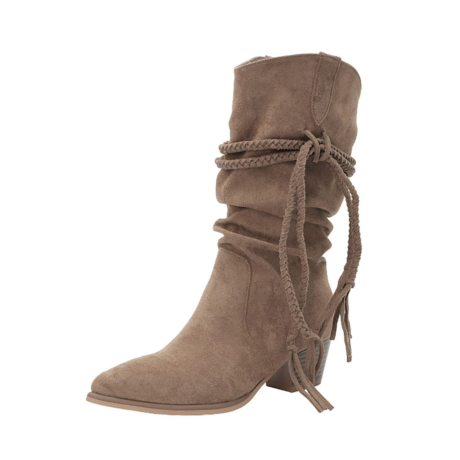 Womens Tassel Suede Block Heel Mid-Calf Boots Comfortable Pointed-Toe Non-Slip Stacked-Heel Pull-On Wide Calf Boots Fashion Prom Party