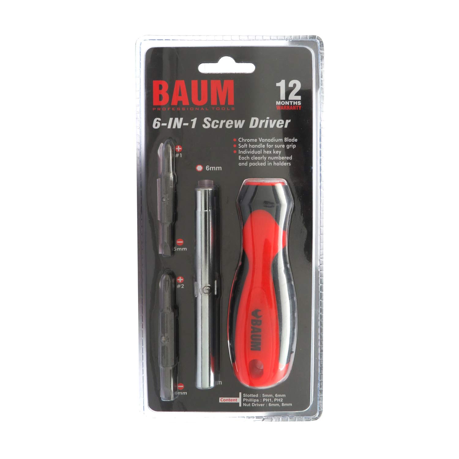BAUM SCREW DRIVER SET (6-IN-1), With Blister Packing;Red Color Handle