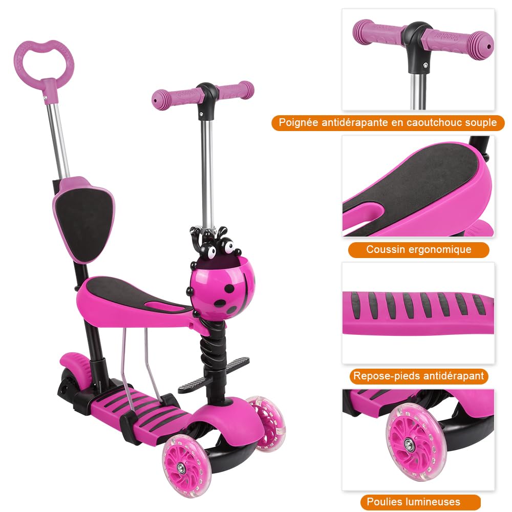OHMG Monopattino triciclo per bambini 3+ anni, scooter equilibrio, monopattino antiscivolo, monopattino regolabile per ragazza/ragazzo, carico 30 kg, ruote a LED, regolabile in altezza