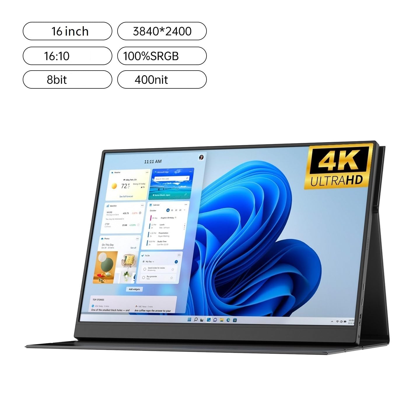 Schermo esterno IPS HD 4K da 16 pollici, luminosità SRGB al 100%, secondo schermo portatile, di 400 nit Monitor per Smart Working