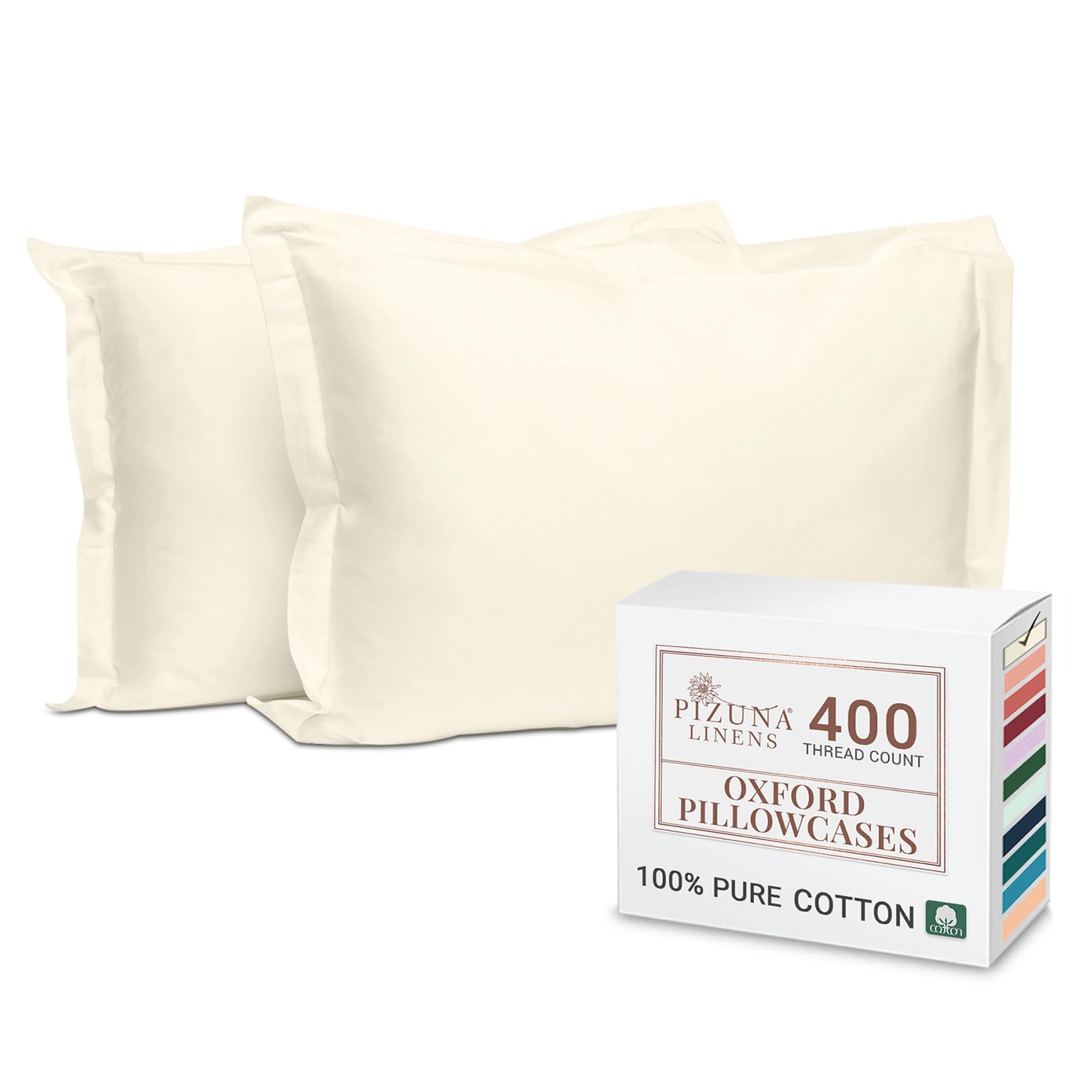 Pizuna 100% Cotton Standard Pillowcases 2 Pack White 50x75cm, 400 Thread Count Long Staple Combed Cotton Soft Pillow Cover, Sateen Weave Oxford Pillow Cases (Cooling Pillowcase 2PC) — view 90