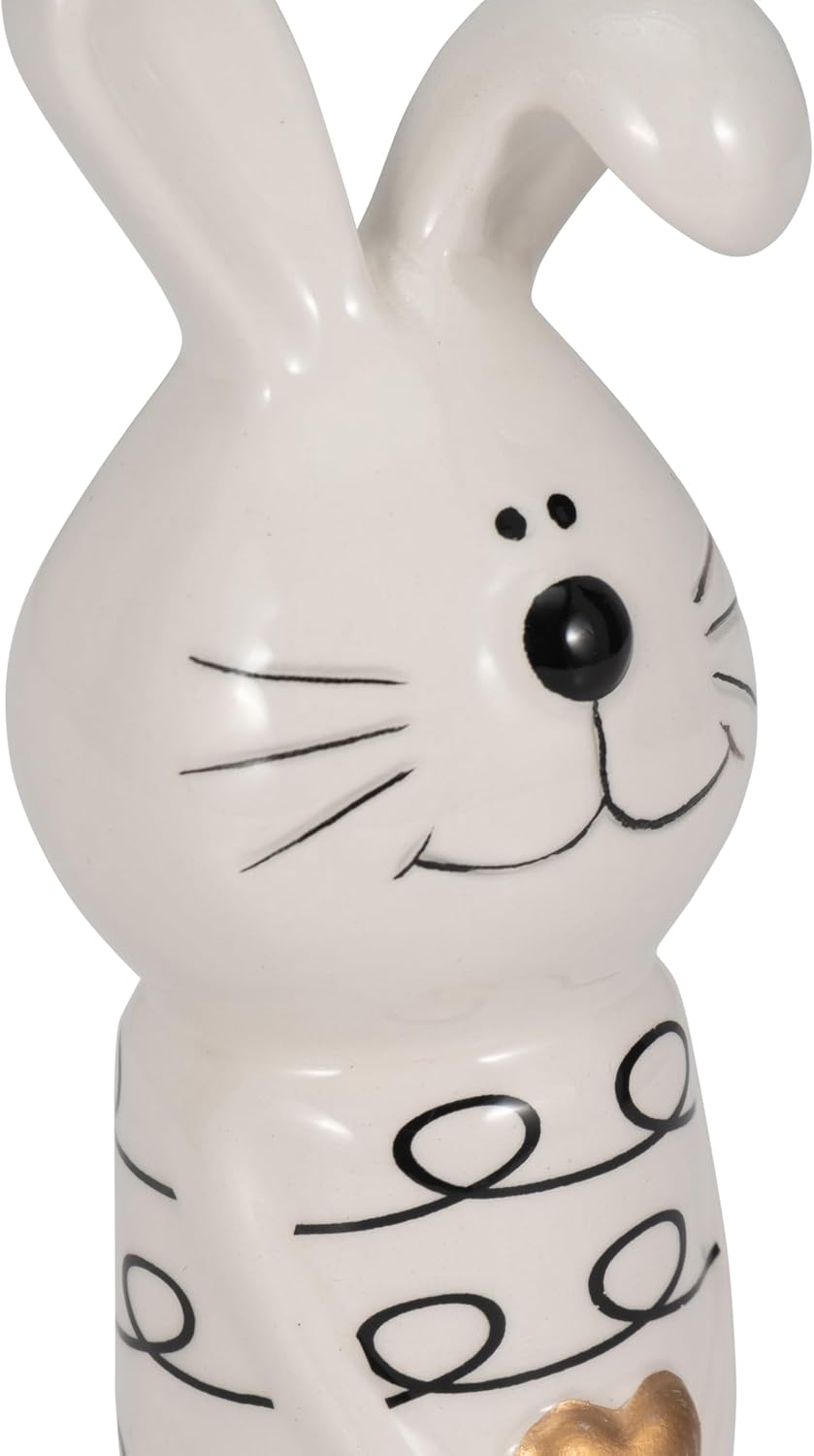Boho Bunny Figurine - Handcrafted Ceramic Stoneware Decorative Accent with Heart - Modern Minimalist Home Decor for Living Room, Bedroom, or Office - 7" Black & White