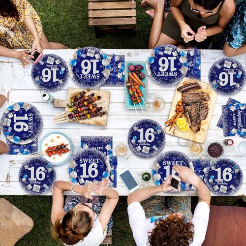 Image of gisgfim 96Pcs 16th Birthday Plates and Napkins Party Supplies Sweet 16 Birthday Party Tableware Set Blue Silver 16th Birthday Decorations Favors for 16 Years Old Boys Girls for 24 Guests