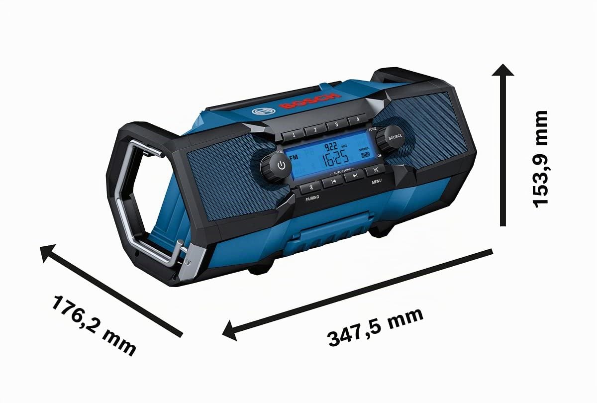 Bosch Professional 18V System Akku Baustellenradio GPB 18V-2 C (Empfang über Bluetooth, FM und AUX, inkl. 1x Netzteil, 1x AUX-Kabel, 1x 3V Lithium-Knopfzellen-Batterie)
