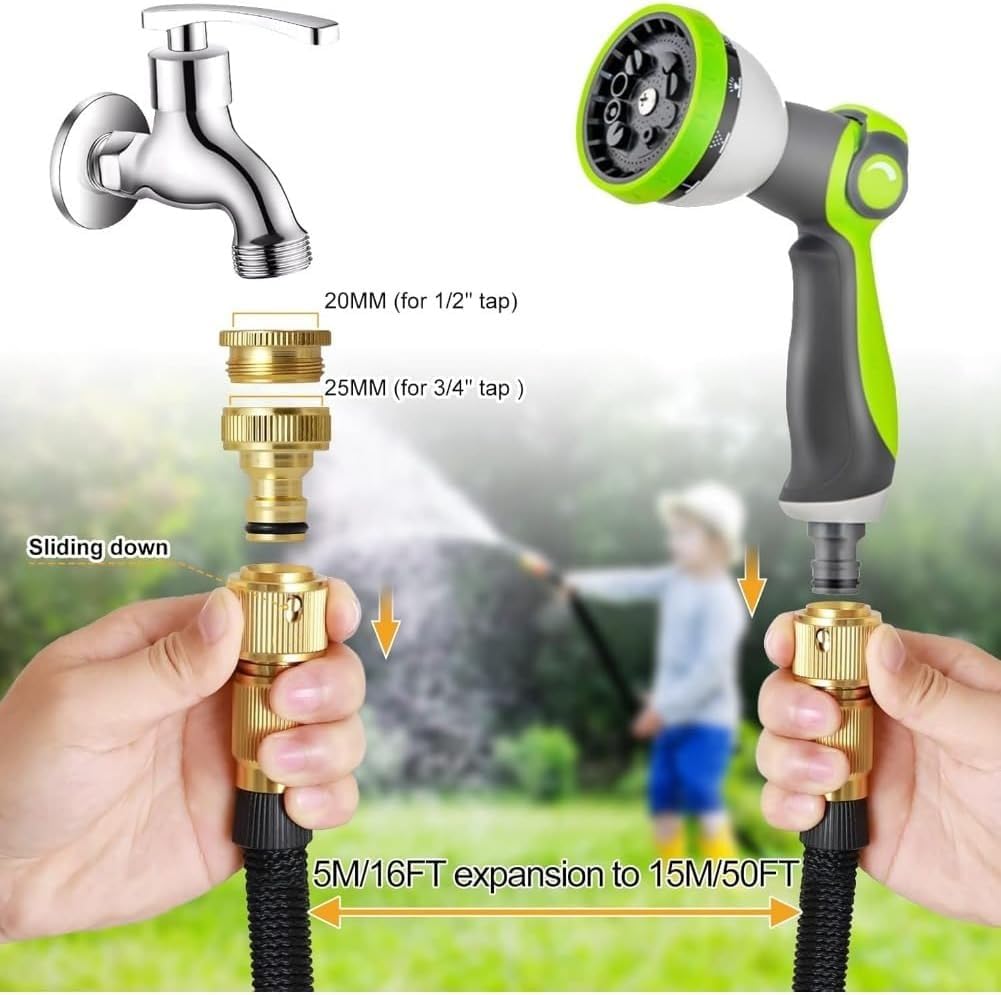 Manguera de jardín extensible profesional de 200 pies con accesorios de latón de 1/2 a 3/4 pulgadas, manguera de agua a prueba de fugas para lavado de mascotas y automóviles, limpieza, riego