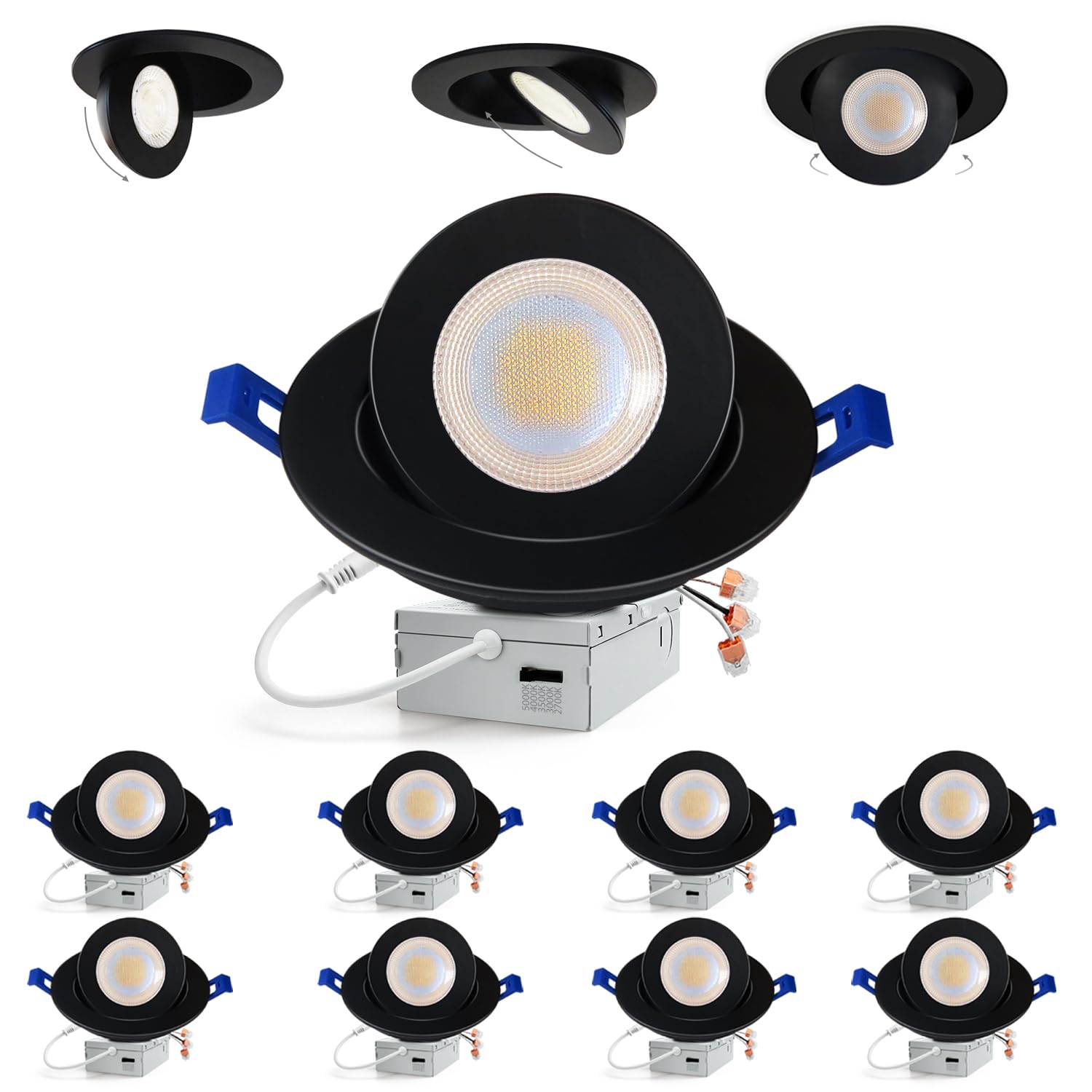 Photo 1 of Adetu 8 Pack 6 inch 5CCT Gimbal Black Led Recessed Lights, 360°+90° Adjustable Eyeball Directional Canless Downlight, 2700K/3000K/3500K/4000K/5000K, CRI90+, 12W, 1700 Lumens, Recessed Lighting- ETL