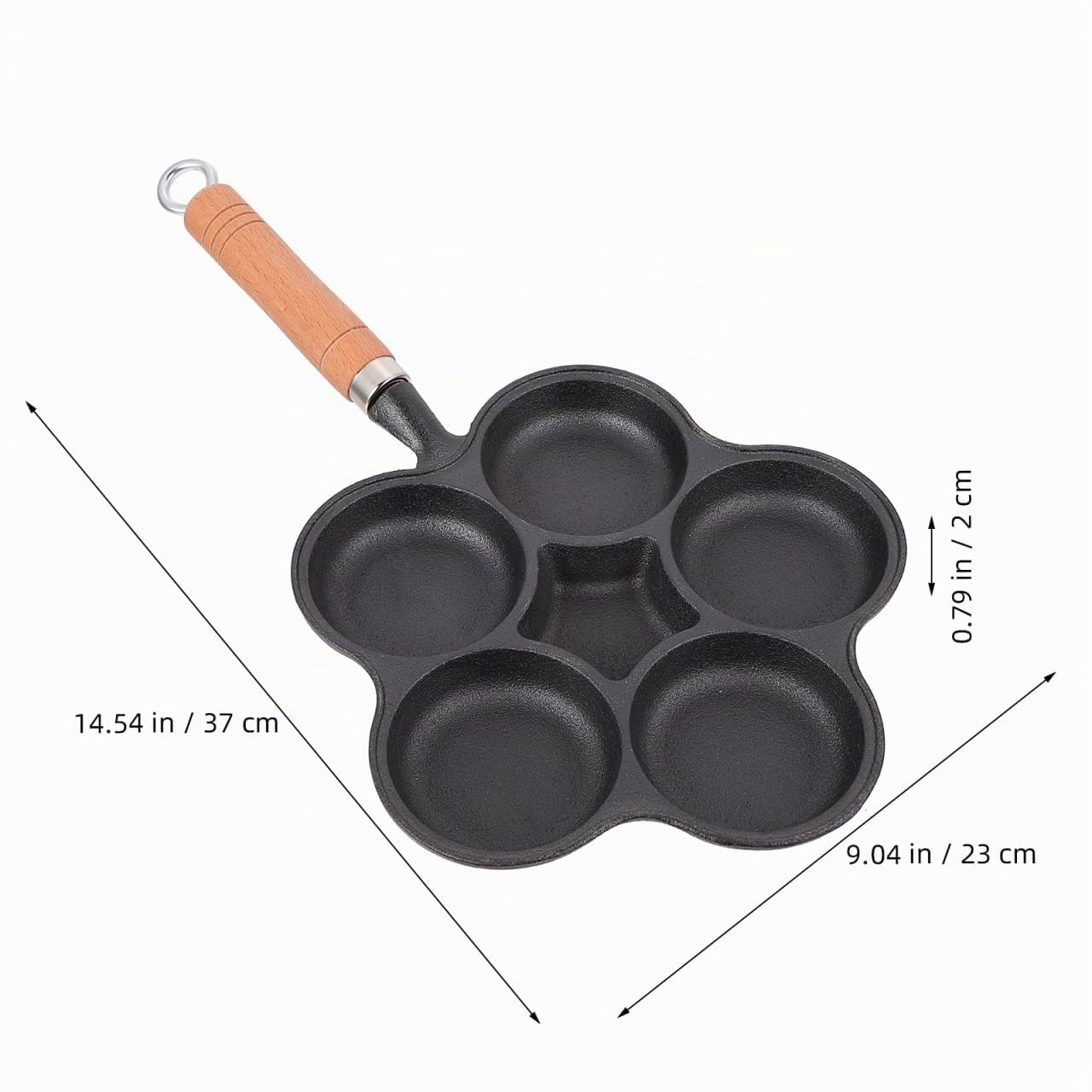 Gusseisen Eierpfanne mit 5 Löchern 5 Fach Spiegelei Pfanne mit Holzgriff Anti Heiß Griff Hamburger Form für Herd Induktion Küchenbratpfanne für Schnelles Kochen