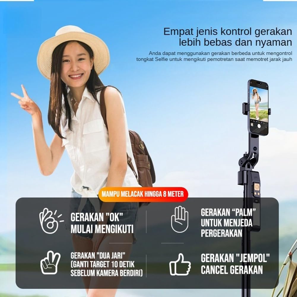 CL12P 180CM Bastone per Selfie Automatico con Tracciamento Facciale AI, Supporto Quad, Rotazione A 360 Gradi, Stabilizzatore Gimbal, Luce di Riempimento LED.