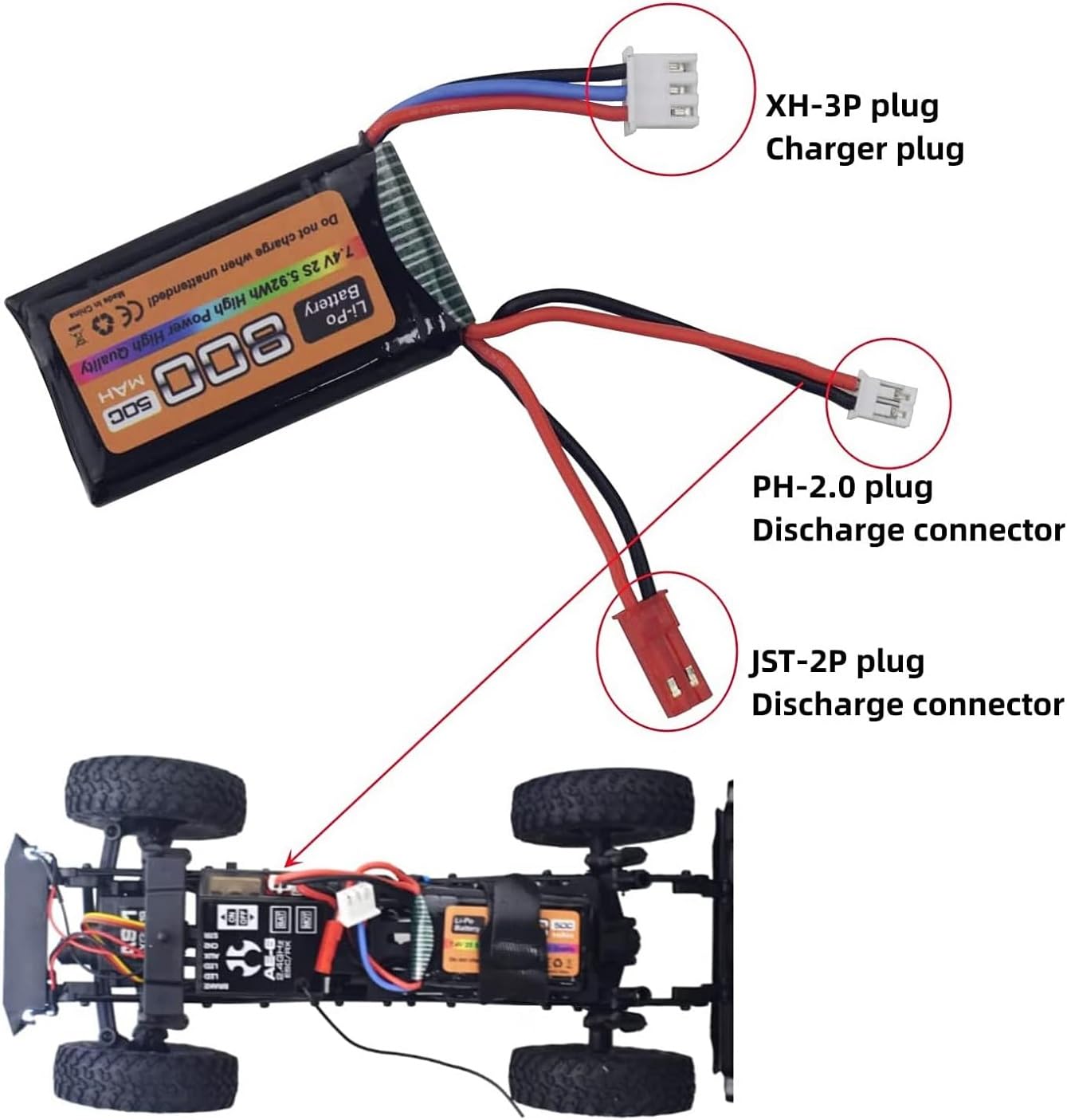 Lot de 2 batteries 7,4 V LiPo 2S 50C JST et PH2.0 800 mAh pour voiture RC SCX24 compatible avec la plupart des voitures télécommandées à l'échelle 1/10, 1/16, 1/18, 1/24