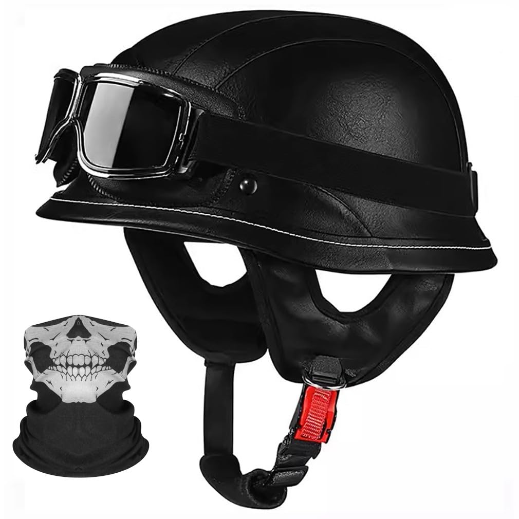 Niemiecki kask motocyklowy, skórzany, półskorupowy, z certyfikatem ECE, kask z maską i okularami, wyjmowana wyściółka wewnętrzna, rozmiar M ~ XL, 57 ~ 62 cm