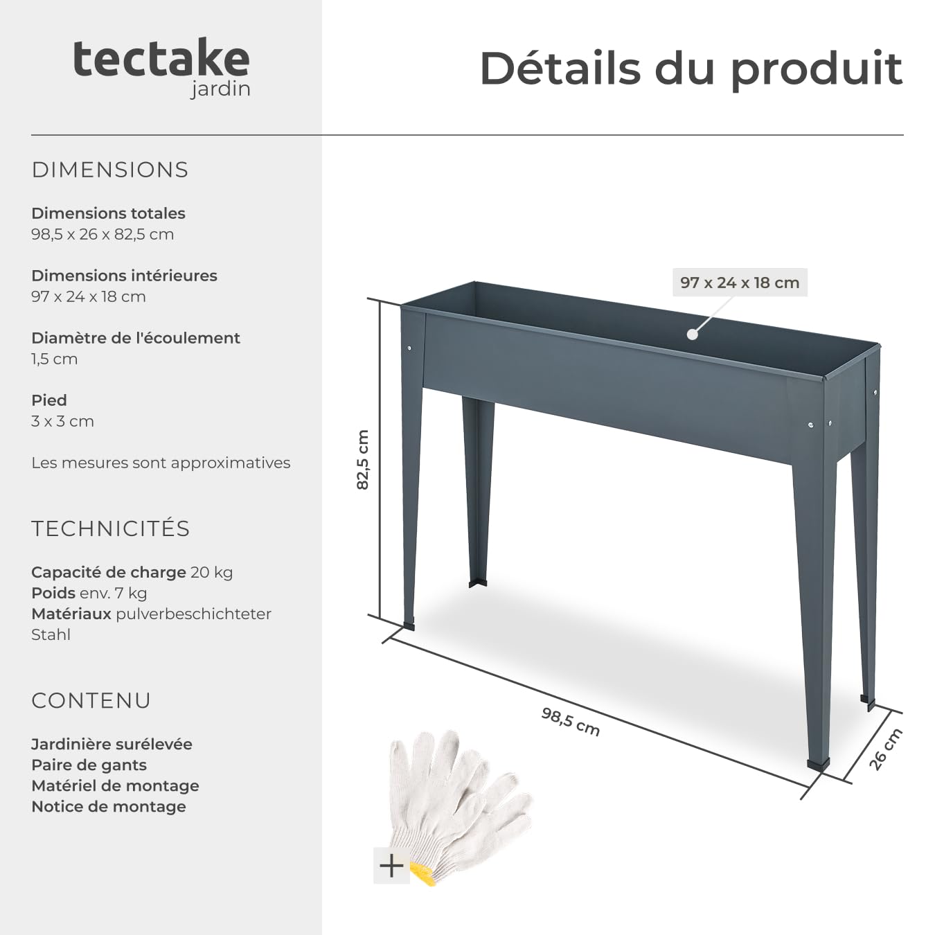 tectake® Potager de Jardin surélevé sur Pied 98,5x26x82,5cm, Lit de Jardin surélevé en Acier laqué, Bac à Fleurs rectangulaire Bac à semis Jardiniere sur Pieds idéal pour Amenagement Serre de Jardin